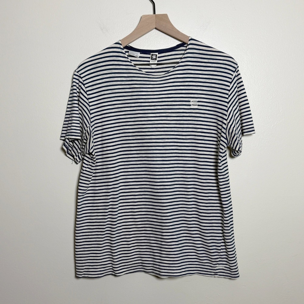 G-Star Raw Mens Cotton T-Shirt M White Navy Blue Striped Nautical Classic Preppy